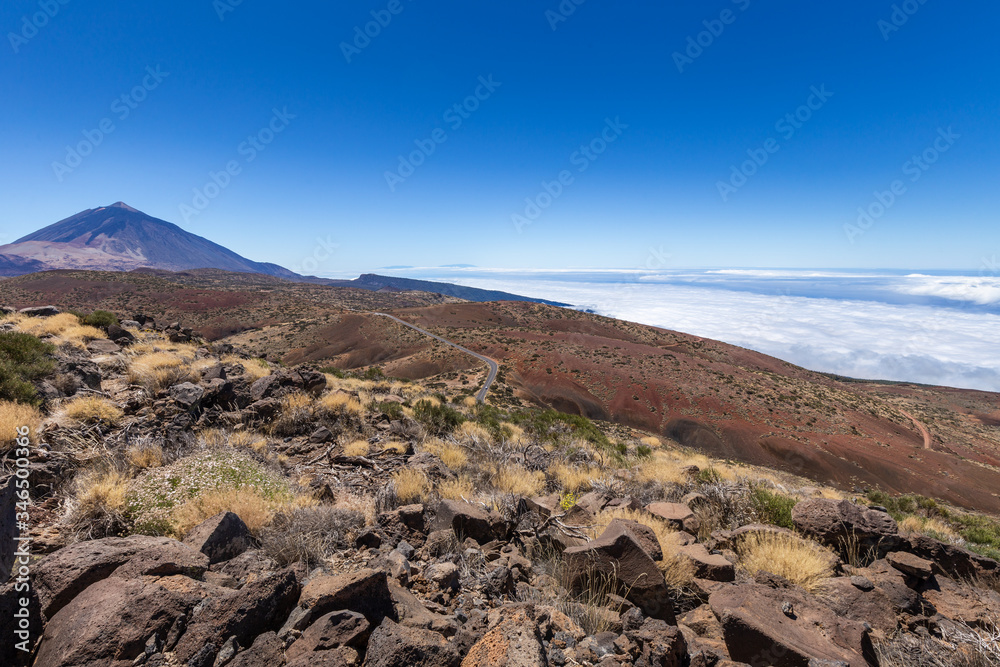 Mountain view with Teide volcano above the clouds