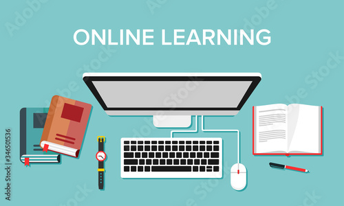 Illustration of online learning activities using computer media and the internet. Suitable for visualization of online learning activities at home, educational web pages, and learning sites.