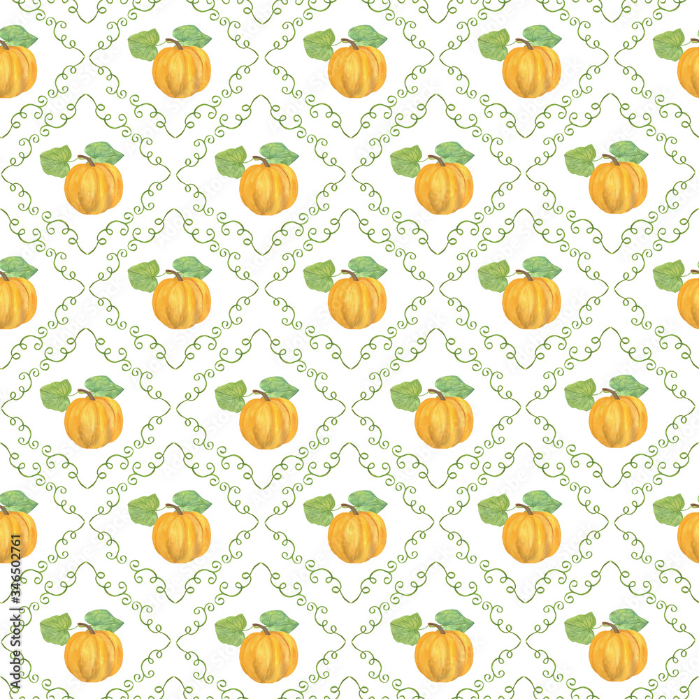 A repeat pattern of watercolor pumpkin frame in the form of lozenge, hand drawn autumn illustration, floral symbol of autumn composition seamless on the white background A repeat pattern of watercolor pumpkin frame in the form of lozenge, hand drawn autumn illustration, floral symbol of autumn composition seamless on the white background
