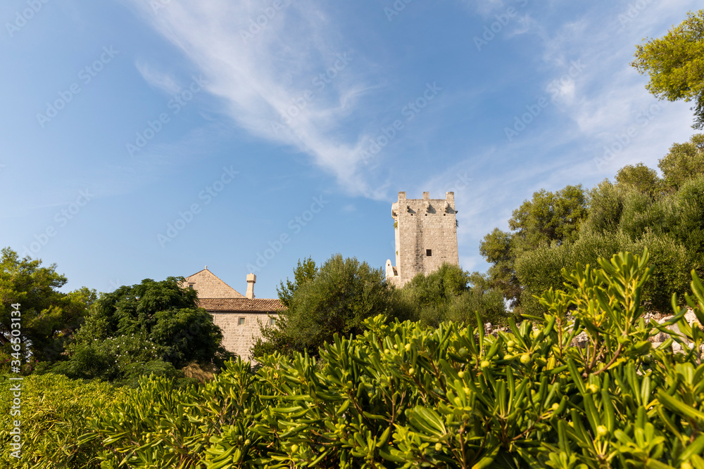 Surrounding view from the small island of Saint Mary with the monastery church in the background and the beautiful calm greenery nature of the National Park, landscape at the mediterranean coast