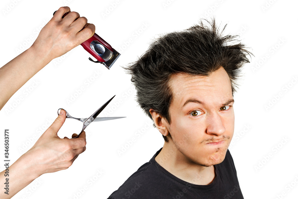 Obraz premium long hair freak crazy man hold scissors, trimmer and guy want cut his hair. Concept for barbershop. isolated on white