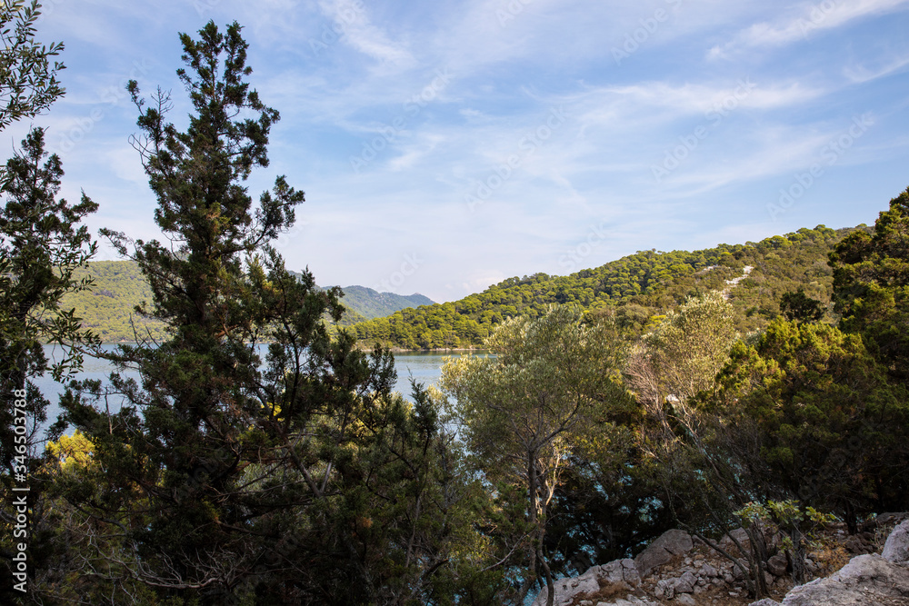National Park on the island Mljet, Croatia. Mediterranean coast with greenery, pinetrees in the beautiful nature creating a serene calm scene, Small lake turquoise bright colored saltwater lakes 