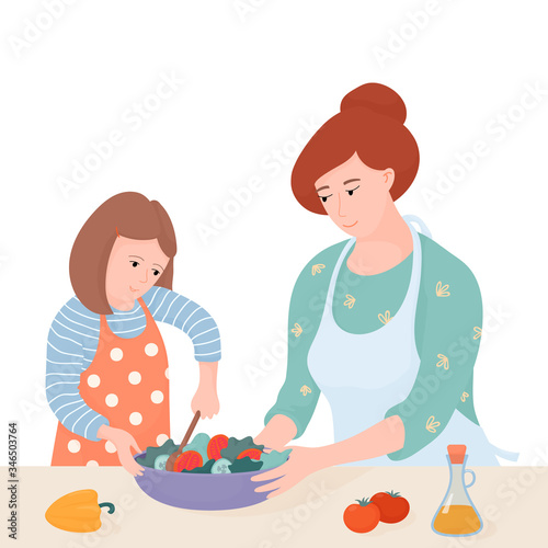 Mother and daughter cooking together, mom helping her kid to make a salad, flat cartoon vector illustration isolated on white background. Mom and daughter cooking together, making a salad
