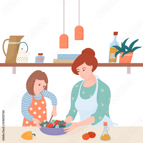 Mother and daughter cooking together in the kitchen, mom helping her kid, little girl to make a salad, flat cartoon vector illustration isolated on white background. Mom and daughter cooking together