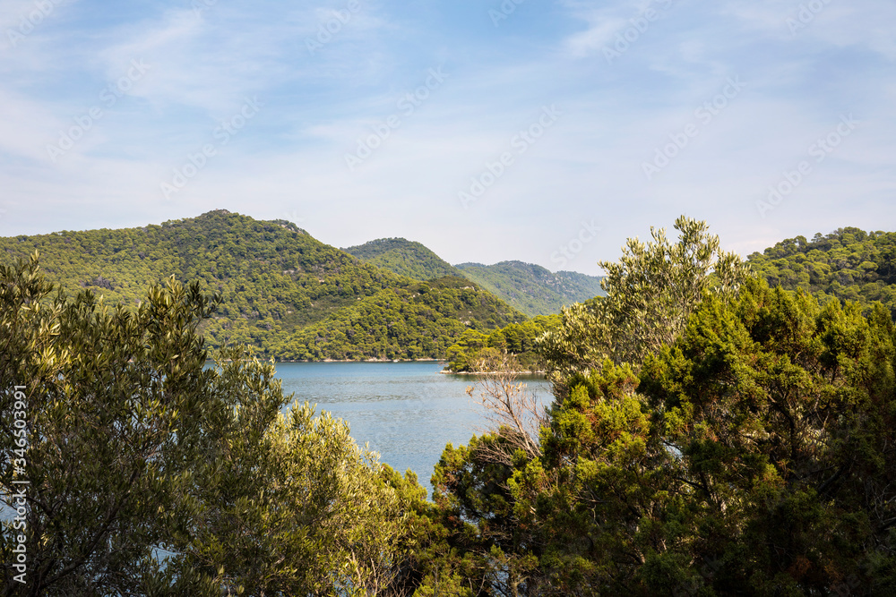 National Park on the island Mljet, Croatia. Mediterranean coast with greenery, pinetrees in the nature creating a serene calm mindful scene. Small lake turquoise bright colored saltwater lakes