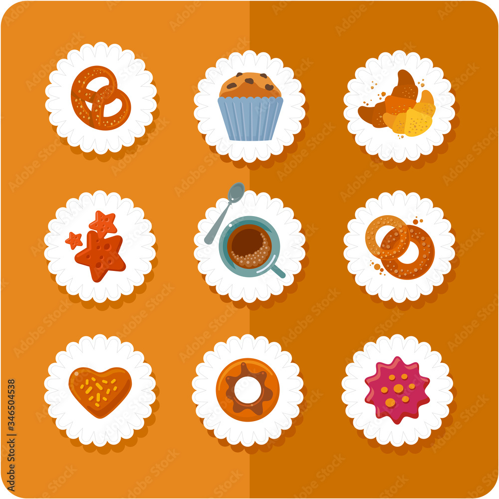 Set of cakes icons Include of bagel, croissant, cake, donut and a cup of coffee. Set of cakes icons Include of bagel, croissant, cake, donut and a cup of coffee.