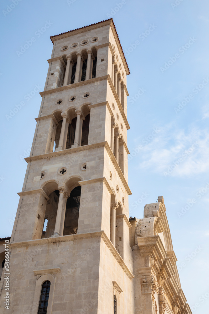 the Cathedral of st. Stephen in Hvar town on Hvar island in Croatia, Europe on a sunny day with a blue sky. Architecture and exterior create a idyllic scenery vertical.