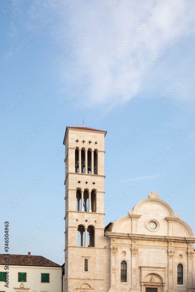 View of the Cathedral of st. Stephen in Hvar town on Hvar island in Croatia, Europe on a sunny day with a blue sky. Architecture and exterior create a idyllic scenery vertical