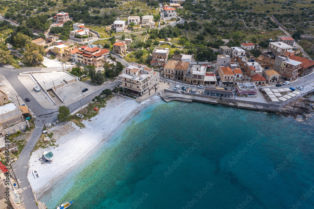 Aerial view of empty beach in Gerolimenas village, Mani region, Lakonia, Peloponnese, Greece.