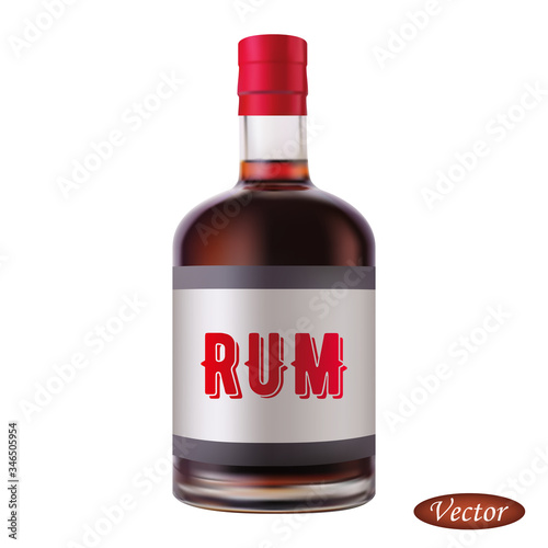 Rum bottle isolated on white background. Realistic alcohol drink. Macro icon rum. Vector illustration beverage 3D. Colorful mock up bottle. Design for cards, brochures, banners. Stock.