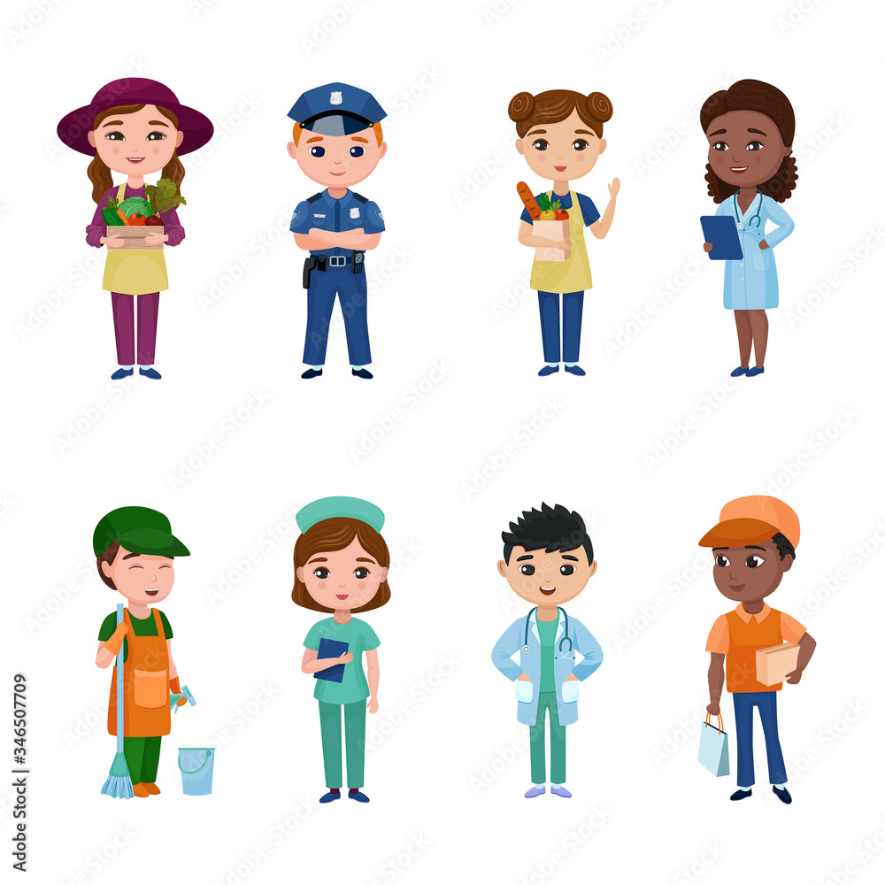 Frontline workers who work during coronavirus (covid-19). Cartoon nurse, medical staff, doctor, police, essential retailer, cook & food server, courier vector illustration for kids. Frontline workers who work during coronavirus (covid-19). Cartoon nurse, medical staff, doctor, police, essential retailer, cook & food server, courier vector illustration for kids.