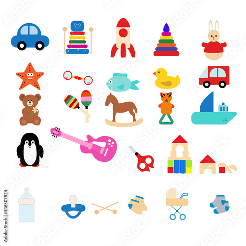Toddler toys vector. Pyramid, guitar, typewriter, bear, stroller, socks, scissors, rattle, duck, horse, baracas, ship, pacifier, bottle. For the design of children's books, business cards, flyers.