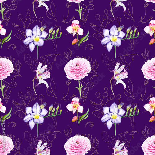 watercolor drawing of exotic flowers with contour - seamless pattern photo