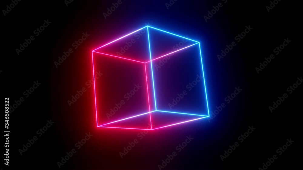 Rotating neon cube. 4k looped animation background with neon glow, light gradient blue red magenta. 3d luminous frame figure rotates smoothly in the dark in cycle.