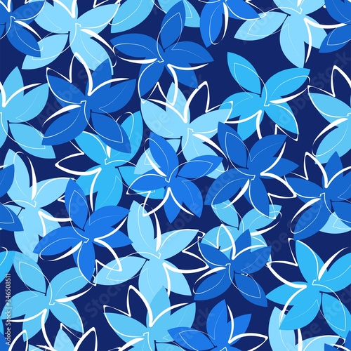 Seamless pattern with cyan and blue flowers on a dark blue background. Flat image with a summer theme. © o.m.graphics