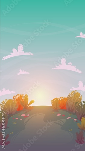 autumn sunset forest nature background . park grass field hill . trees and bushes greenpeace meadow , summer or spring bright happy funny cartoon vector illustration wallpaper