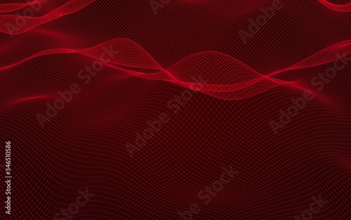 Abstract landscape on a red background. Cyberspace grid. hi tech network. 3D illustration