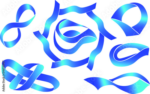 set of abstract blue gloss ribbons in circle tape wavy shapes 