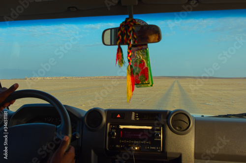 Driving over salt flats in Danakil desert, Ethiopia