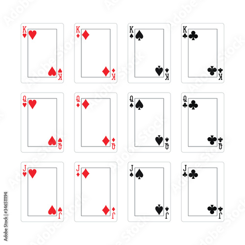 Set of templates for the cards design with King, Queen and Jack symbols. Size and proportions of poker cards. Face of playing deck. Hearts, Diamonds, Spades, Clubs. Isolated on white background.