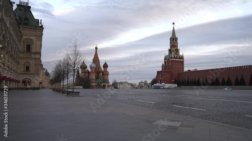 Red Square at spring sunset. Bright Saint Basil's Cathedral / Cathedral of Vasily the Blessed. Spasskaya Tower, GUM (Central Department store). Coronavirus pandemic. No people. 
