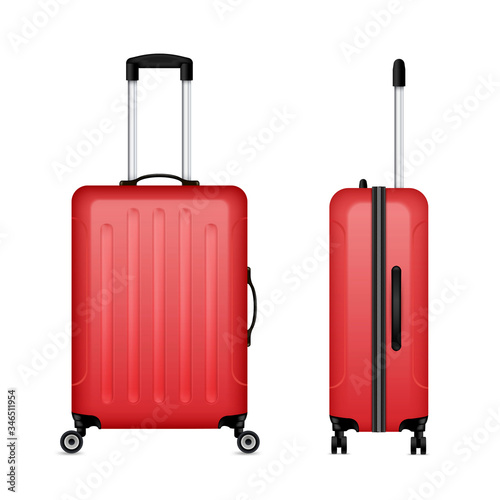 Red detailed rolling suitcase, roller aboard, cabin luggage. Trolley case, flight bag on wheel.