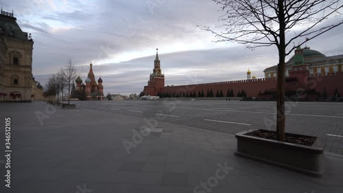 Red Square at spring sunset. Bright Saint Basil's Cathedral / Cathedral of Vasily the Blessed. Spasskaya Tower, Residence of the President of  Russia, Lenin's Mausoleum,. GUM. Coronavirus pandemic. 