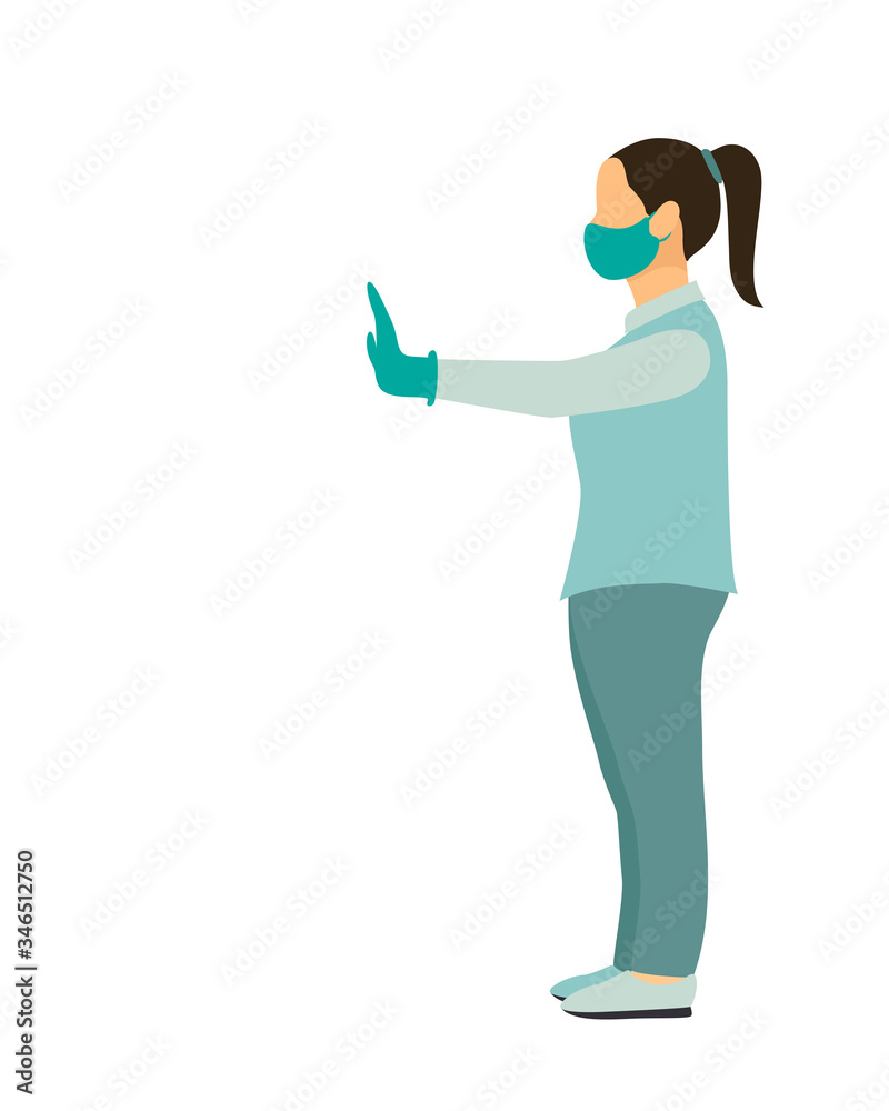 Woman wear medical mask gloves show stop with outstretched hand palm. full height side view. flat vector illustration Woman wear medical mask gloves show stop with outstretched hand palm. full height side view. flat vector illustration