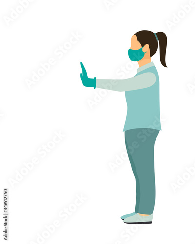 Woman wear medical mask gloves show stop with outstretched hand palm. full height side view. flat vector illustration