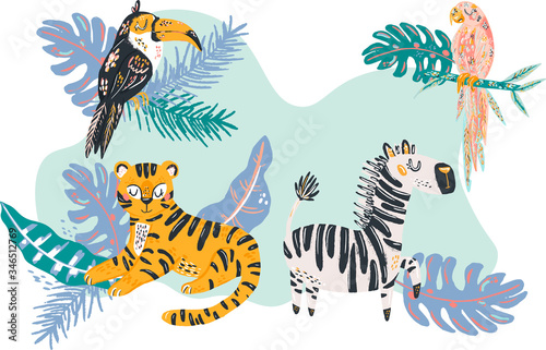 Cartoon wild animals collection set. Tiger  zebra  tiocan and parott. Tropical leavs background