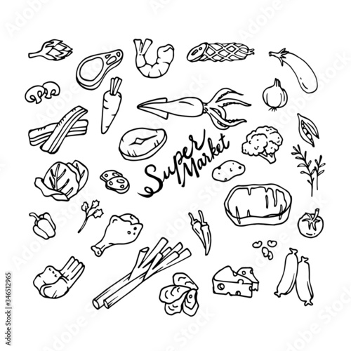 Vector of hand draw food and groceries in the supermarket