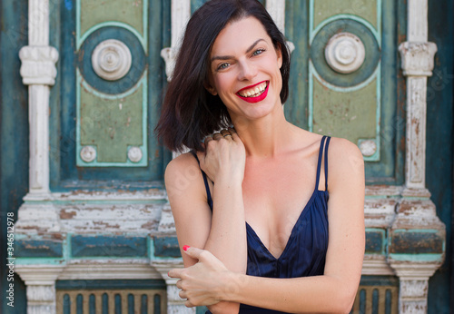 beautiful happy woman laughing, has stylish haircut