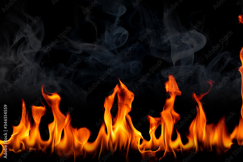Fire flames with smoke on black background, Burning red hot sparks rise, Fiery orange glowing flying particles Fire flames with smoke on black background, Burning red hot sparks rise, Fiery orange glowing flying particles