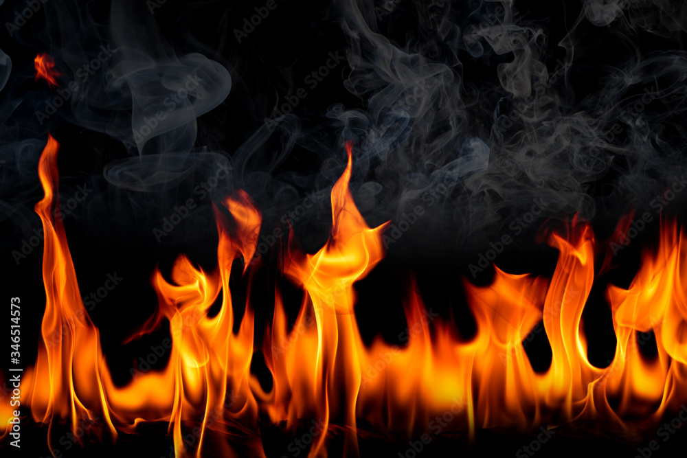 Fototapeta premium Fire flames with smoke on black background, Burning red hot sparks rise, Fiery orange glowing flying particles