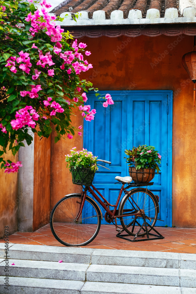 an old Bicycle with flowers in a basket on the background of an old wall .Garden home decoration.an old Bicycle against the wall in the garden.Vietnam