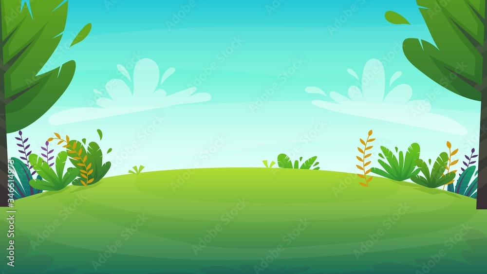 Obraz premium grass glade lawn in the forest background, joyful bright kids green field, cartoon style hill summer sun clear sky with clouds bushes and flowers in the garden with fir trees , vector