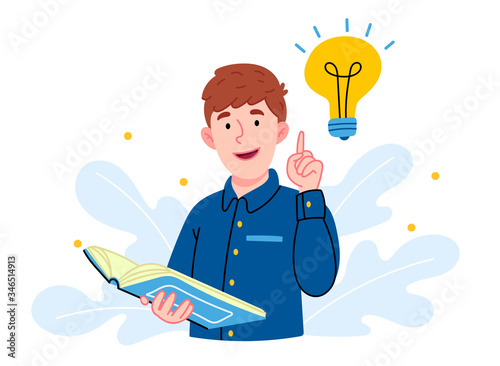 The boy came up with an idea. Student or pupil holding a book in his hands. Illustration in a modern style.Vector  cartoon illustration isolated on white background.