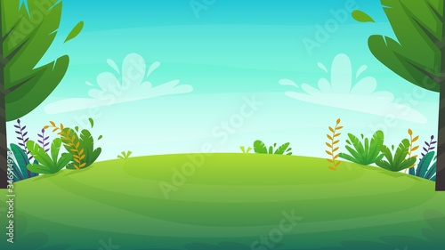 grass glade lawn in the forest background, joyful bright kids green field, cartoon style hill summer sun clear sky with clouds bushes and flowers in the garden with fir trees , vector photo