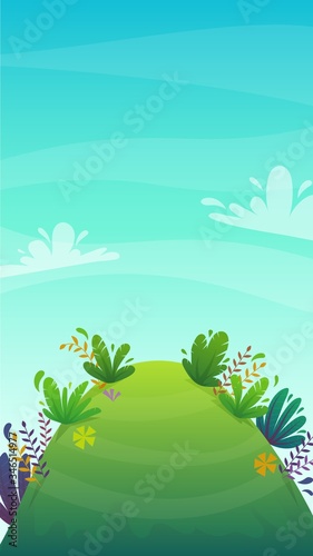 grass glade lawn in the forest background, joyful bright kids green field, cartoon style hill summer sun clear sky with clouds bushes and flowers in the garden with fir trees , vector