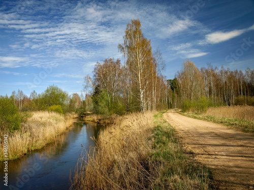 spring landscape with road and river next to it, the first bright spring greenery