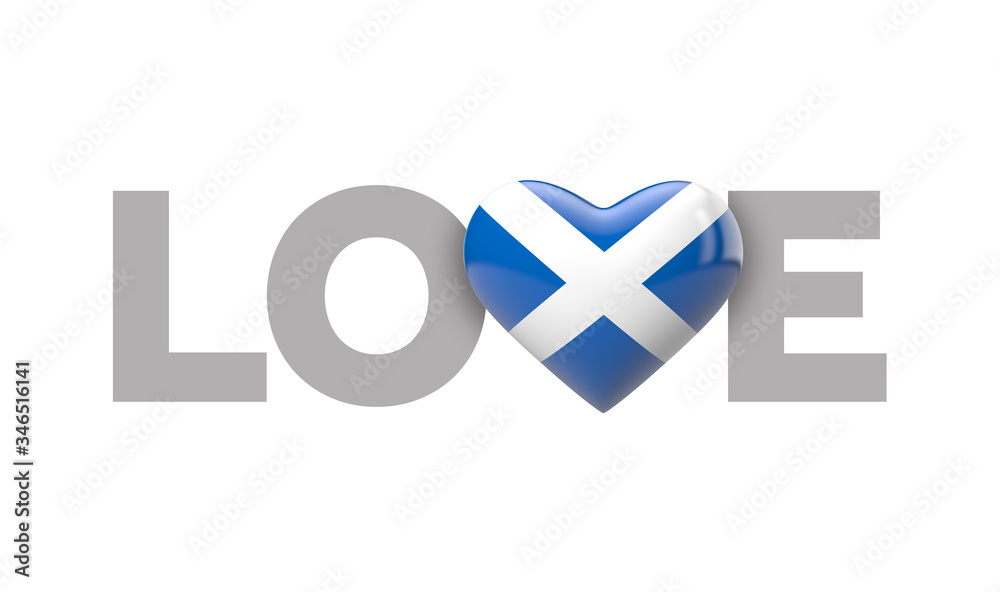 Love Scotland heart shaped flag with love word. 3D Rendering Love Scotland heart shaped flag with love word. 3D Rendering