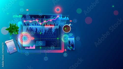 Remote employee's laptop is on table and communicates with online office. Work at home. Distance collaboration with team, clients via computer network. technology Business communication services.