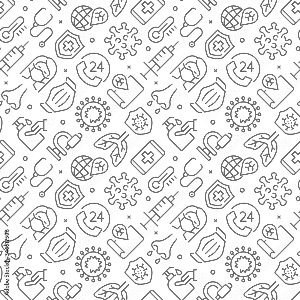 Coronavirus related seamless pattern with outline icons