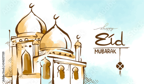 Hand drawn Sketch of mosque for Eid mubarak greetings card with watercolor Background. Greetings card for ramadan kareem celebartion. Vector Illustration.
