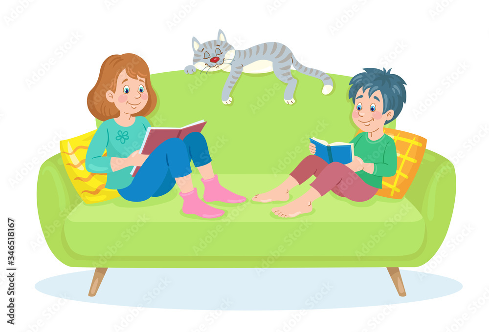 Children are sitting on a green sofa and reading books. Cute gray cat is sleeping nearby. In cartoon style. Isolated on white background. Vector flat illustration.