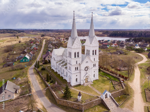 The aerial view of thr Catholic church in Slobodka, Braslav, Belarus photo