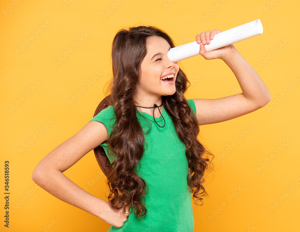 High angle girl looking throw paper binocular High angle girl looking throw paper binocular