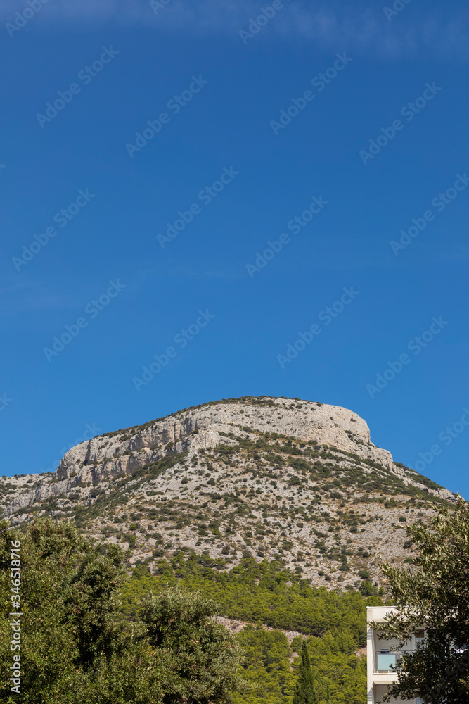 A mountain with rocks and greenery and trees at Bol, Dalmatia, Croatia during summer and a blue sky. Mediterranean coast, bright colors, vertical shot