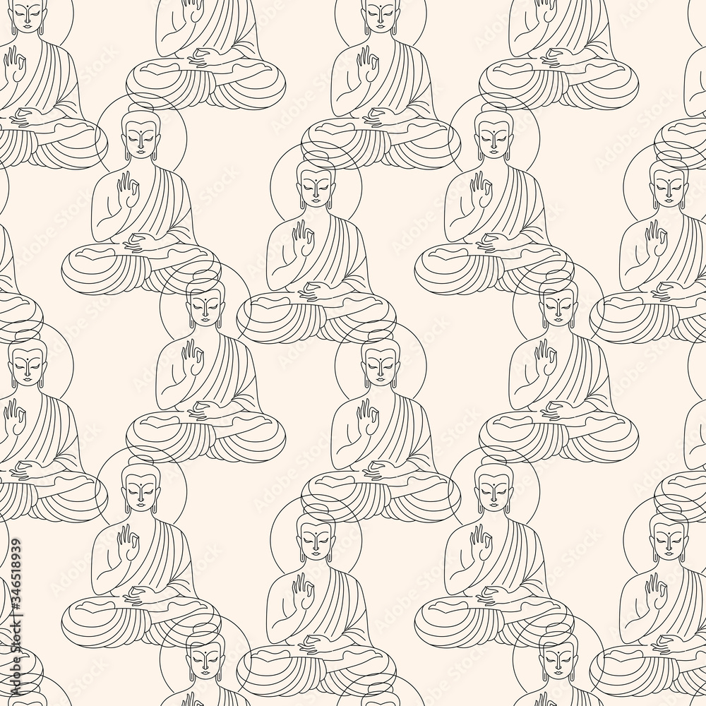 Sitting Buddha figure black and white seamless repeat vector pattern. Flat line simple drawing, linear modern outline sketch. Yoga, esoteric, spiritual background. Buddhist, indian, oriental template.