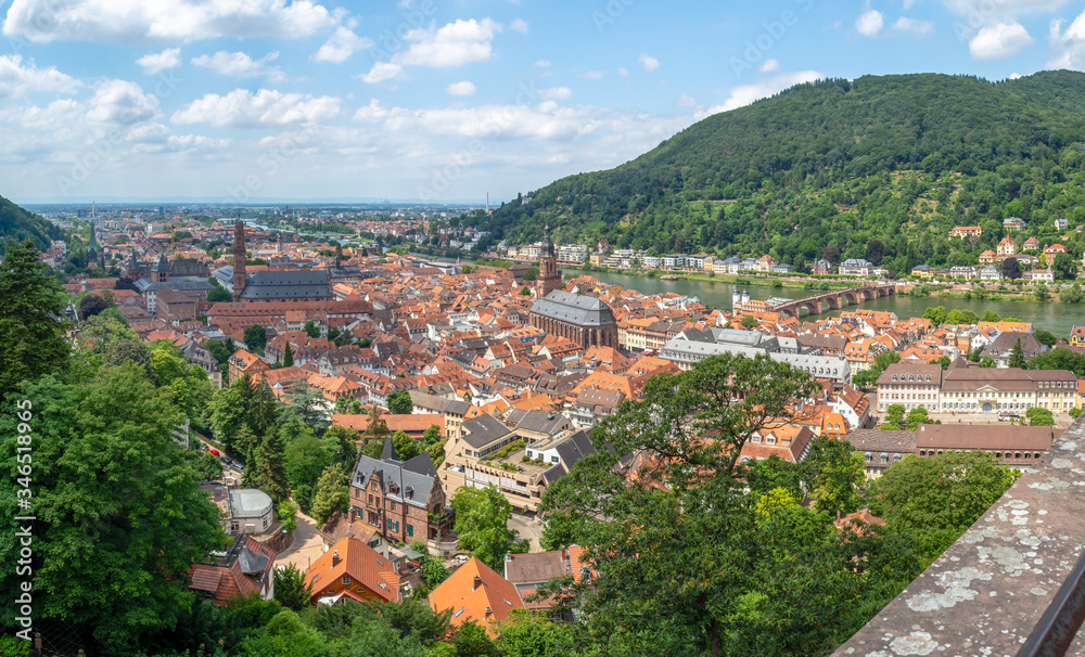overlook on Heidelberg castle view on old town and the church, Baden Wuerttemberg,
